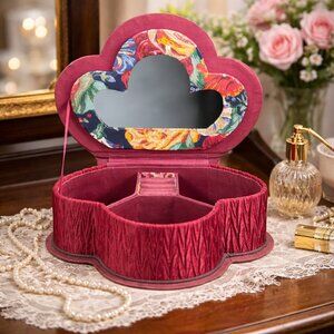 Vintage Floral Fabric Heart Shaped Jewelry Box with Mirror, Chintz Trinket Box